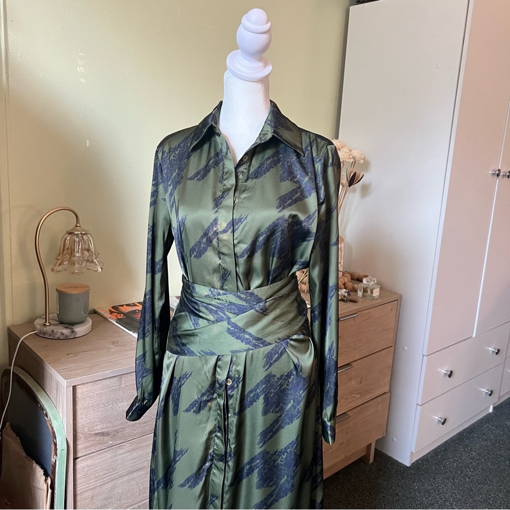 Forest Green & Black Houndstooth Button Down Multi-Way Wrap Satin Maxi Dress S - Picture 5 of 16